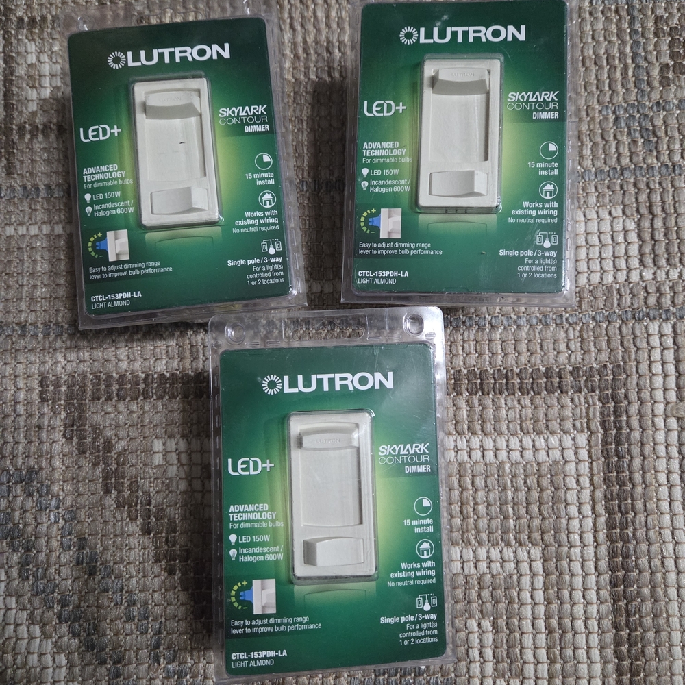 3PK Lutron Skylark Contour LED+ Dimmer 150W/Single-Pole/3-Way, Light Almond
